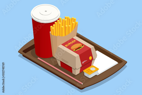 Isometric Hamburger meal served with french fries and soda on a tray. Fast food. Big single cheeseburger.