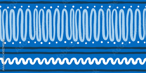  Blue and white decorative seamless pattern with wavy lines for Mediterranean style textile print. Folk art inspired border vector design.