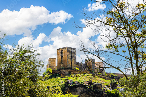 Views from the Parque de la Retama of the castle of Alcalá de Guadaira in Seville, in blue sky and white clouds photo