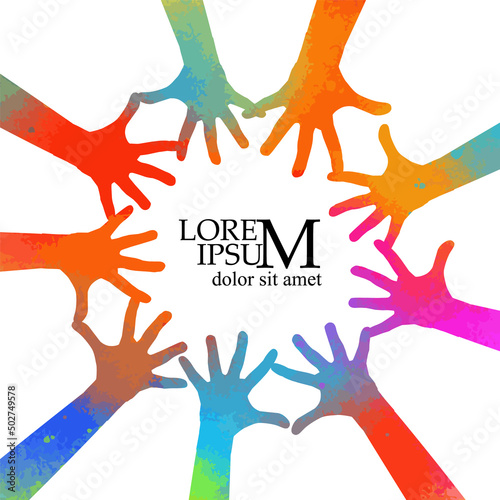 Multicolored hands around. frame from rainbow hands. Vector illustration