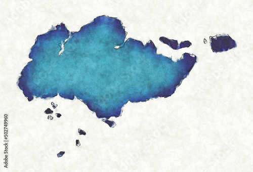 Photography Singapore map with drawn lines and blue watercolor illustration