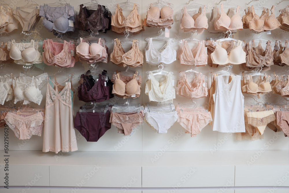 Many different beautiful women's underwear in lingerie store Stock