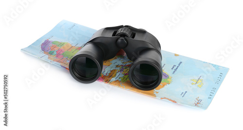 Modern binoculars and map on white background