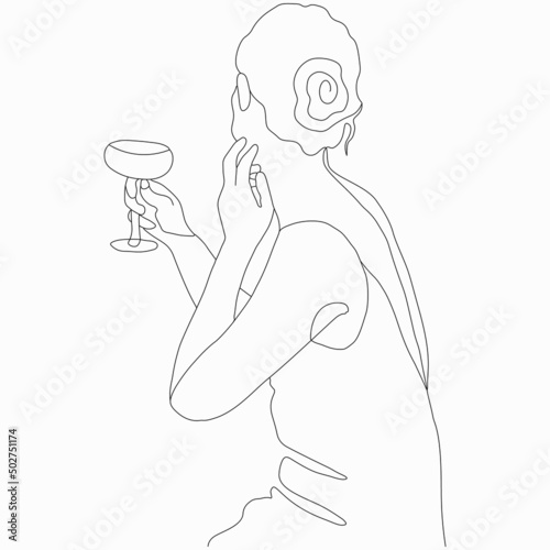 A woman in a dress with a glass in her hand. Nice vector flat line art illustration. Vector element for decoration in the style of minimalism. Fashion model. Imitation of drawing by one line. Beauty