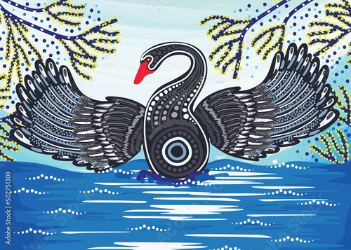 Aboriginal art vector painting with black swan