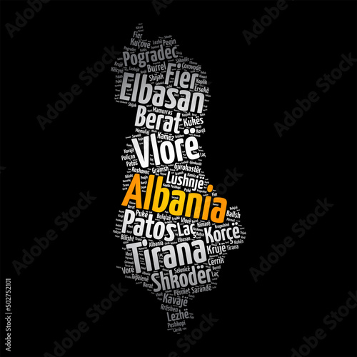 List of cities and towns in Albania, map word cloud collage, business and travel concept background photo