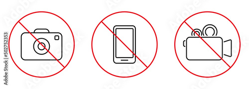 Photography Forbidden Area Outline Sign. No Video Photo Camera Mobile Phone Black Line Ban Icon Set. No Allowed Zone for Recording Red Stop Symbol. Camera Prohibited. Isolated Vector Illustration