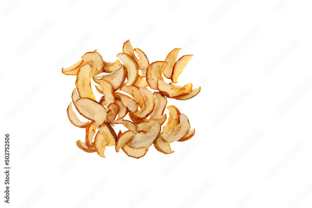 Dried apple slices or apple chips on white background. Healthy vegetarian snack. Dried fruits Dried apple slices or apple chips on white background. Healthy vegetarian snack. Dried fruits