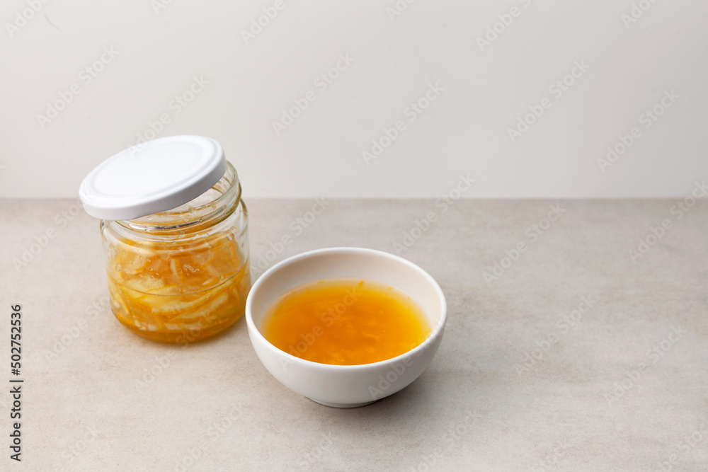 Yuja tea or yuzu tea. Honey citron beverage. Popular Korean tea. Selective focus, copy space