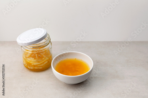 Yuja tea or yuzu tea. Honey citron beverage. Popular Korean tea. Selective focus, copy space photo