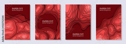 Vertical vector set of 4 red flyers with paper cut waves shapes. 3D abstract paper art, design layout for business presentations, flyers, posters, prints, decoration, cards, brochure cover.