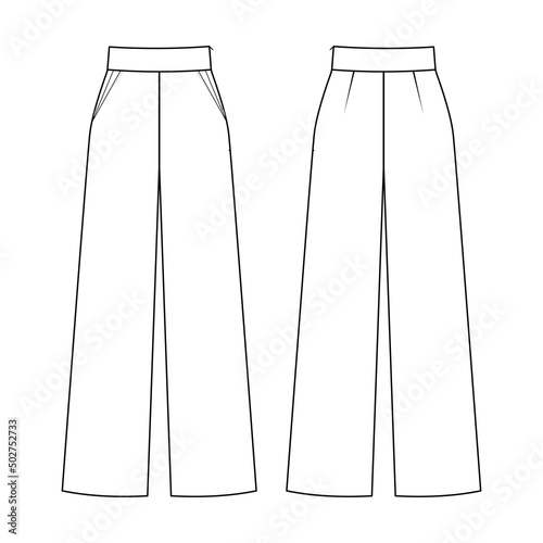 Fashion technical drawing of high waisted wide leg trousers