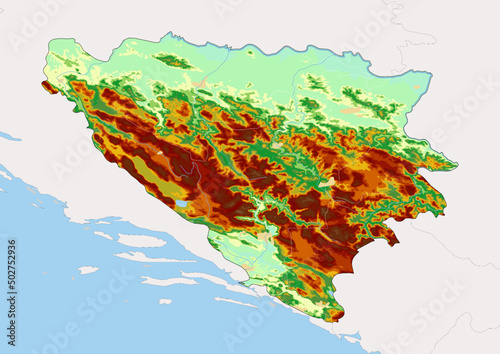 High detailed vector Bosnia and Herzegovina physical map, topographic map of Bosnia and Herzegovina on white with rivers, lakes and neighbouring countries. 