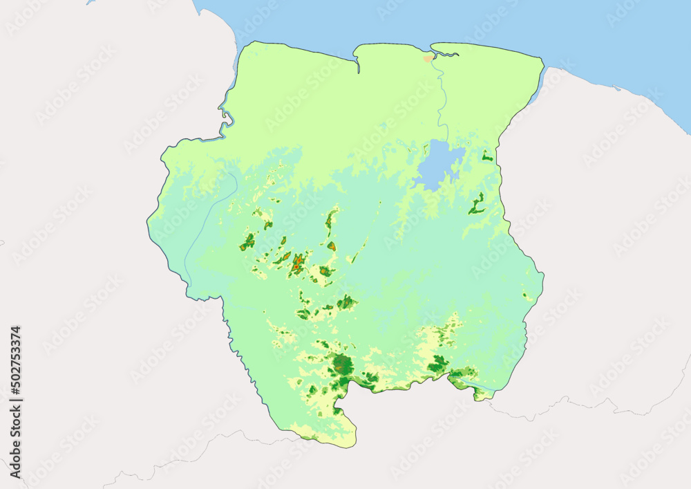 Fototapeta premium High detailed vector Suriname physical map, topographic map of Suriname on white with rivers, lakes and neighbouring countries. 