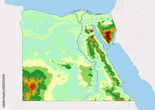 High detailed vector Egypt physical map, topographic map of Egypt on white with rivers, lakes and neighbouring countries. 