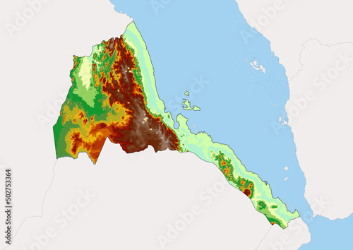 High detailed vector Eritrea physical map, topographic map of Eritrea on white with rivers, lakes and neighbouring countries. 
