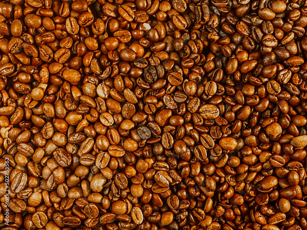 Lots of coffee beans on a uniform background.