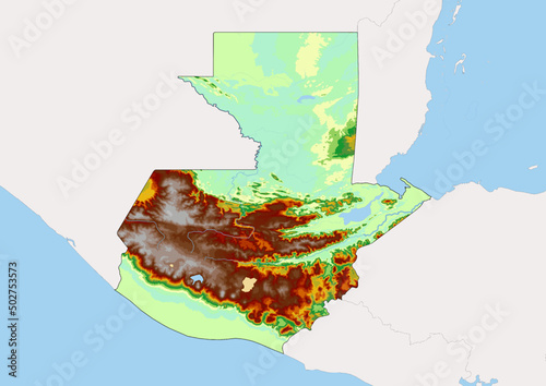 High detailed vector Guatemala physical map, topographic map of Guatemala on white with rivers, lakes and neighbouring countries. 