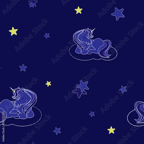 Baby unicorn seamless pattern. Night sky with stars.