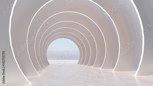 Architecture interior background glowing empty arched pass 3d render