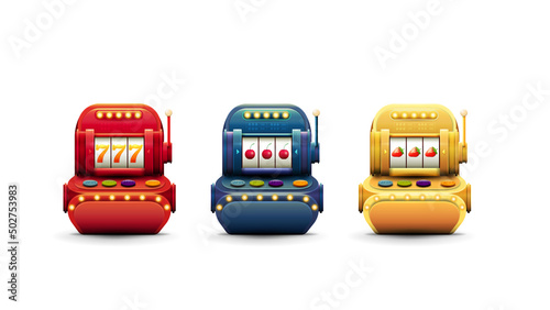 Volumetric slot machines with jackpots in cartoon style isolated on white background for your arts