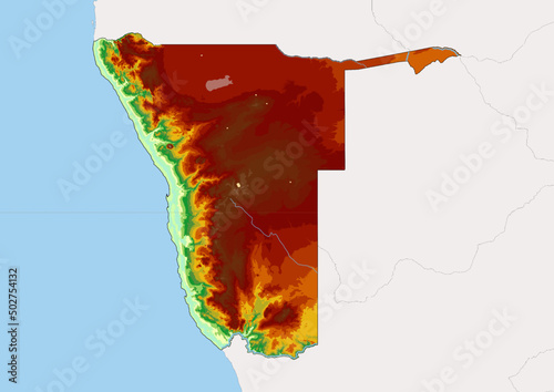 High detailed vector Namibia physical map, topographic map of Namibia on white with rivers, lakes and neighbouring countries. 