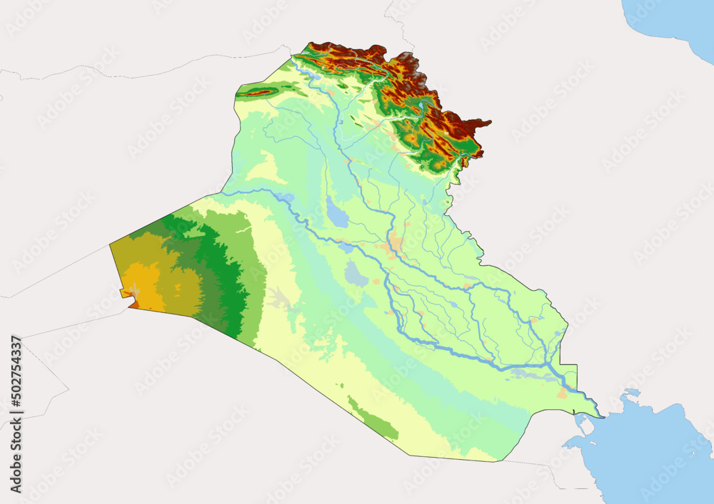 High detailed vector Iraq physical map, topographic map of Iraq on