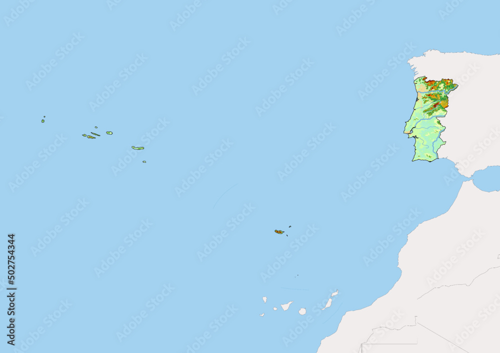 High detailed vector Portugal physical map, topographic map of Portugal
