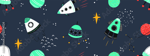 childish seamless pattern with space, alien, transport, vector illustration