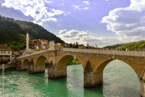 Fototapeta Naklejka Na Ścianę i Meble -  Konjic Neretva river and old bridge in konjic Bosnia And Hezegovina