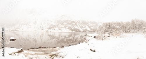 Panoramic view of Mountains by a Lake in Winter in Lofoten norway © Jack