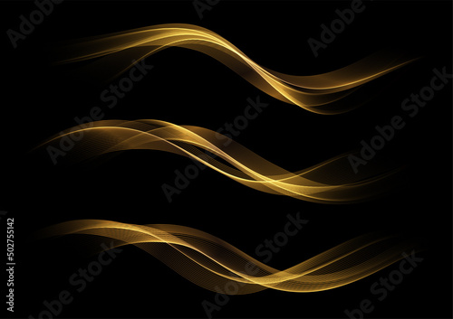 Abstract Gold Waves. Shiny golden moving lines design element on dark background for greeting card and disqount voucher.