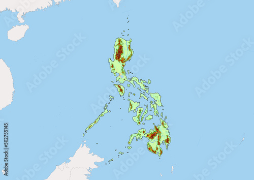 High detailed vector Philippines physical map, topographic map of Philippines on white with rivers, lakes and neighbouring countries. 