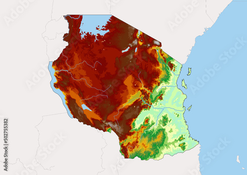 High detailed vector Tanzania physical map, topographic map of Tanzania on white with rivers, lakes and neighbouring countries. 