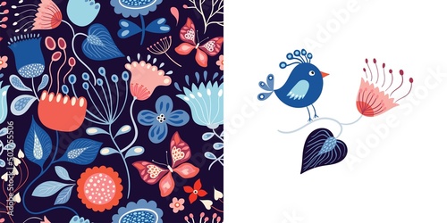 Floral set with seamless pattern and greeting card, spring and summer background, wallpaper, ornamental decor with  flowers, butterflies,birds, different plants