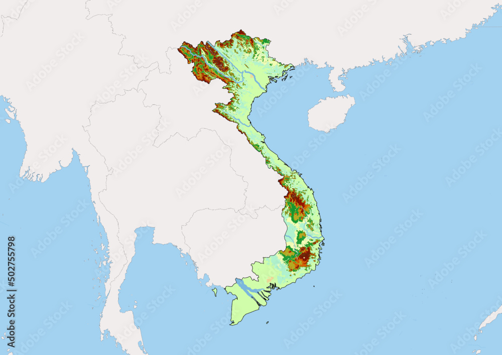 High detailed vector Vietnam physical map, topographic map of Vietnam on white with rivers, lakes and neighbouring countries. 