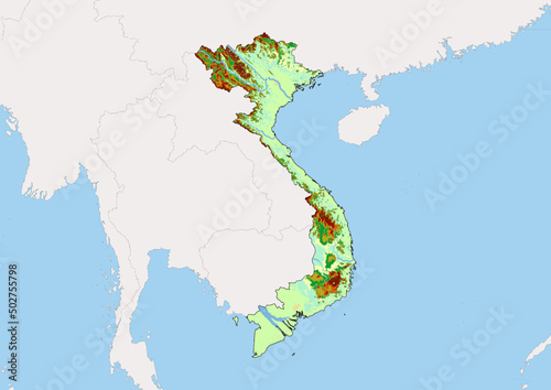 High detailed vector Vietnam physical map  topographic map of Vietnam on white with rivers  lakes and neighbouring countries. 