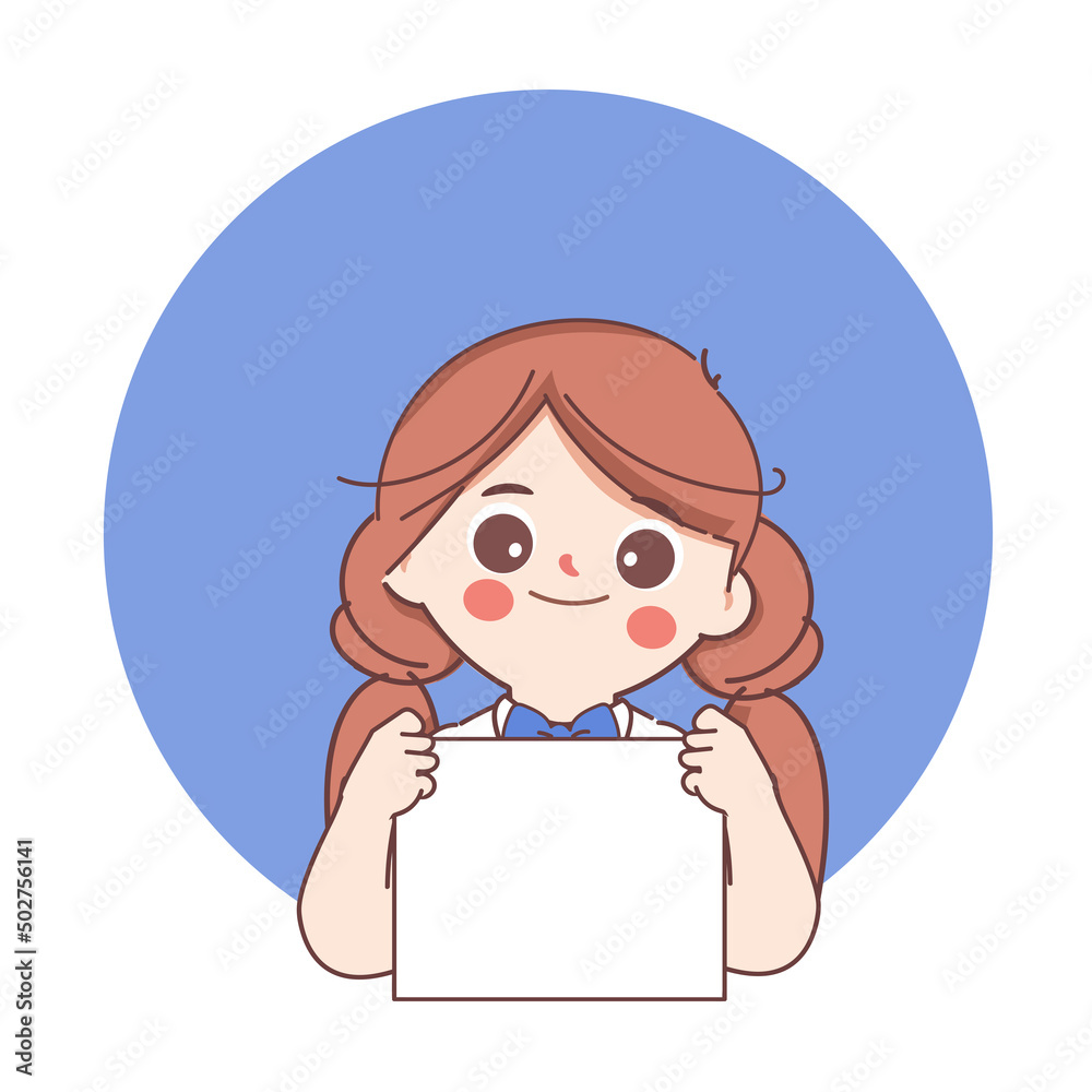 Doodle cartoon cute student girl showing placard in the classroom,Back to school,Cute cartoon character doodle style. Doodle cartoon cute student girl showing placard in the classroom,Back to school,Cute cartoon character doodle style.