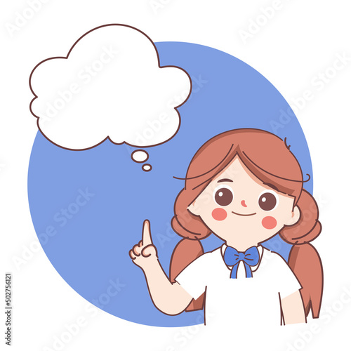 Doodle hand drawn cartoon cute girl student thinking with bubble, have idea and dreaming.