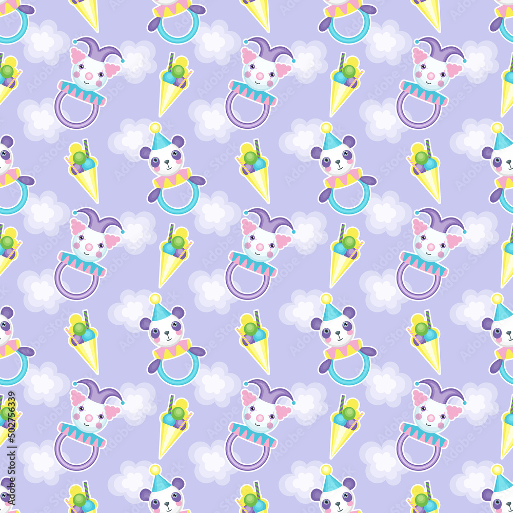 Vector seamless pattern with toys rattles, ice cream, clouds on a purple background. Circus theme.