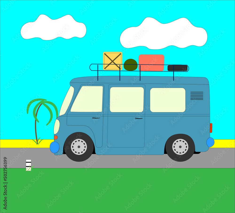 Traveling by car around the world. A small blue bus for travelers is traveling along the road to the sea