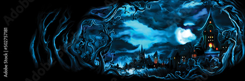 Fable night town and forest / Horizontal banner with abstract branches and a fable old town with lights in the background. Digital painting