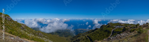 Panoramic View from Pico Ruivo peak towards the refuge and Achada do Teixeira area on Madeira island of Portugal. October 2021