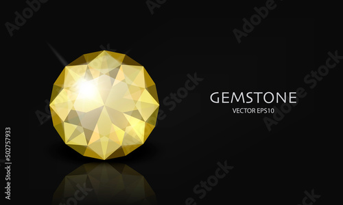 Vector Horizontal Banner with 3d Realistic Yellow Transparent Gemstone, Diamond, Crystal, Rhinestones Closeup on Black. Jewerly Concept. Design Template, Clipart