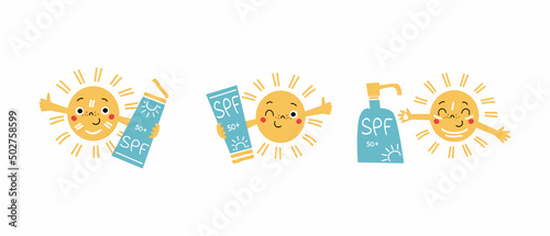 Set of sun with sunscreen. UV protection and sun safety concept for kids.