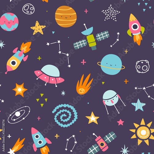 Colorful cosmic pattern for kids. Space adventure vector seamless print for baby textile and nursery.