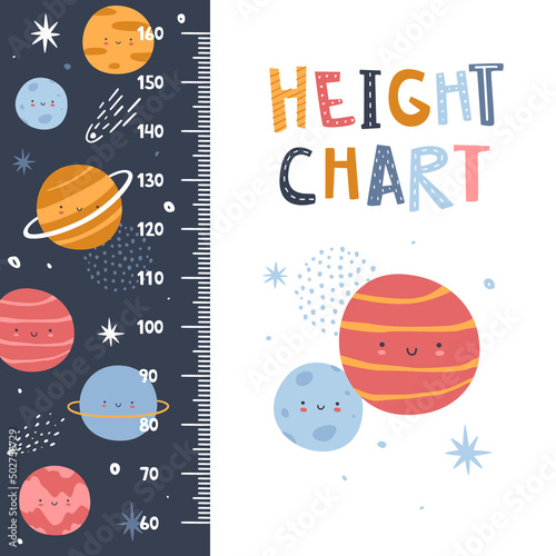 Cute cosmic height chart with smiling planets. Outer space kids ruler for nursery. Astronomy print with scale for children.