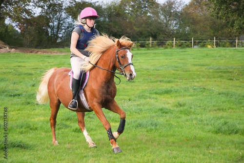 Pretty blonde woman rides her chestnut pony in field at speed enjoying the excitement and freedom to canter.