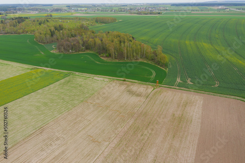 Rozległa równina pokryta polami uprawnymi i łąkami. Miejscami widać kępy drzew. Niebo jest lekko zachmurzone. Zdjęcie z drona.