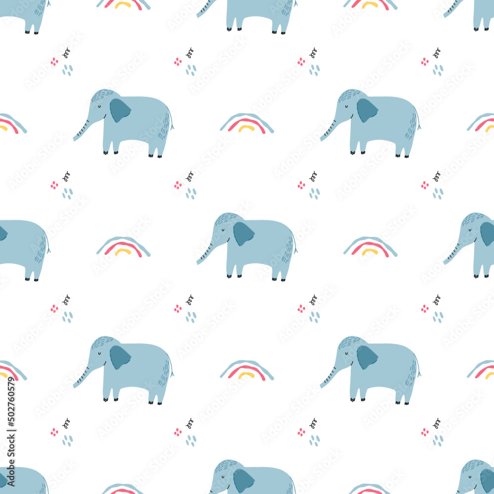 Vector seamless pattern with elephants and rainbows